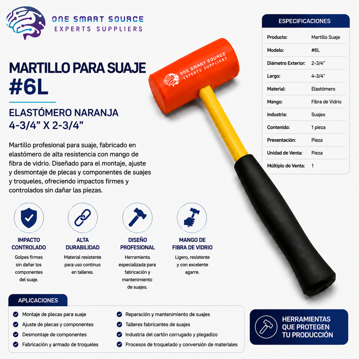 MARTILLO PARA SUAJE #6L ONE SMART SOURCE – ELASTÓMERO NARANJA 4-3/4" X 2-3/4"