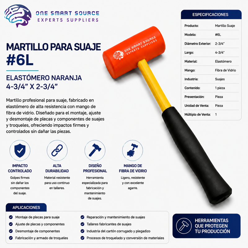 MARTILLO PARA SUAJE #6L ONE SMART SOURCE – ELASTÓMERO NARANJA 4-3/4" X 2-3/4"