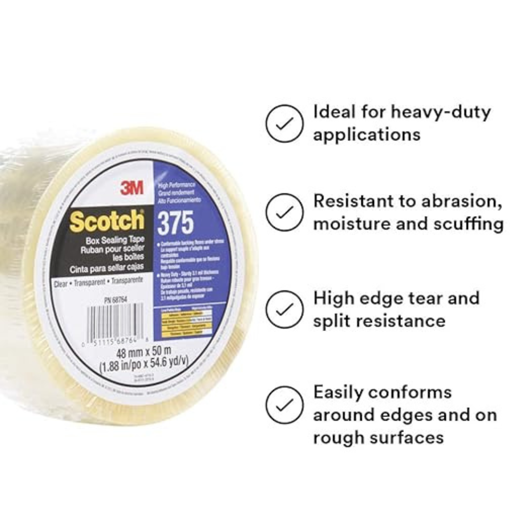 3M - Scotch Box Sealing Tape 375 Clear, 48 mm x 50 m, 36 per case Bulk