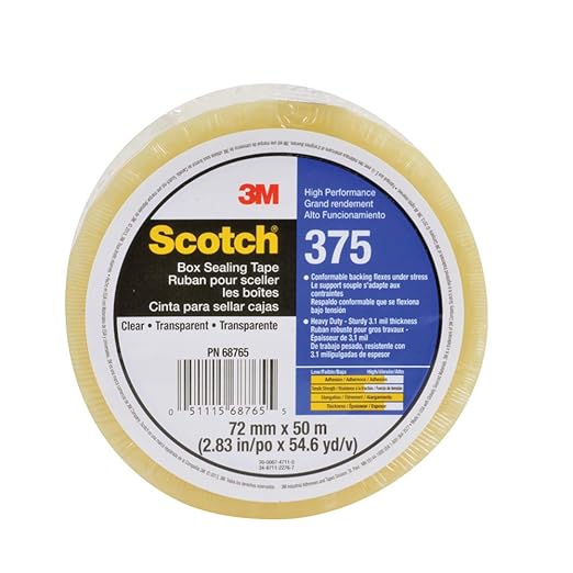 3M- Scotch Box Sealing Tape 375 Clear, 72 mm x 50 m, 6 per inner 24 per case Bulk
