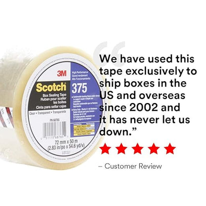 3M- Scotch Box Sealing Tape 375 Clear, 72 mm x 50 m, 6 per inner 24 per case Bulk