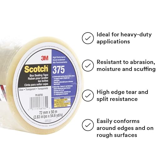 3M- Scotch Box Sealing Tape 375 Clear, 72 mm x 50 m, 6 per inner 24 per case Bulk