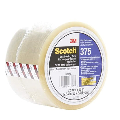 3M- Scotch Box Sealing Tape 375 Clear, 72 mm x 50 m, 6 per inner 24 per case Bulk