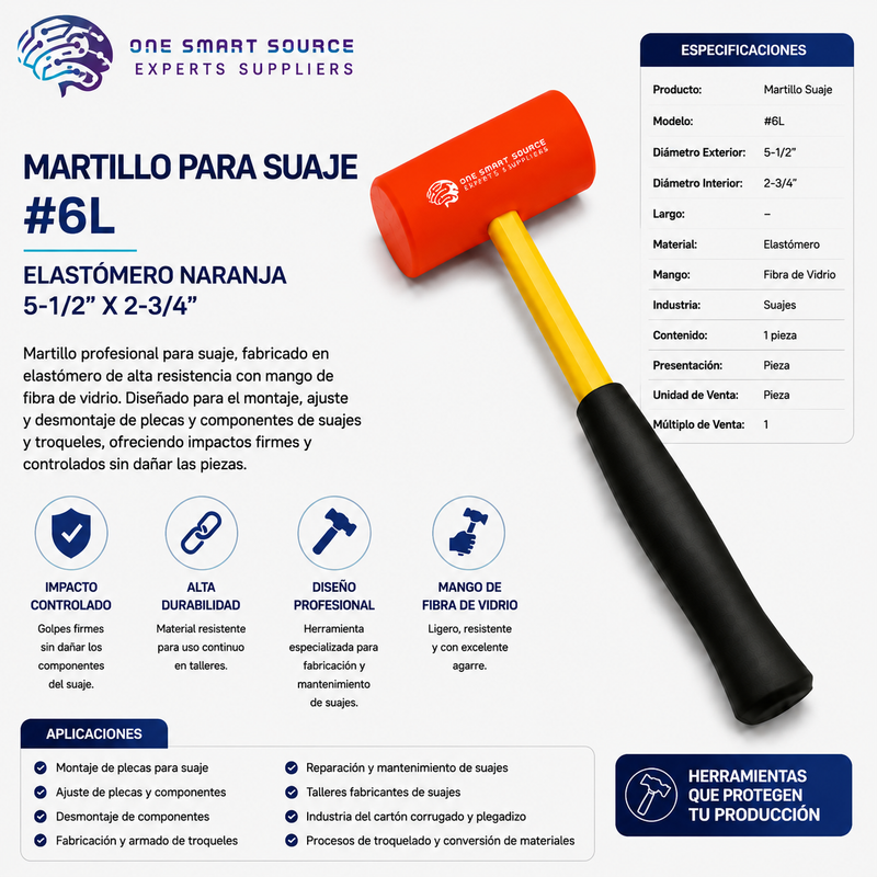 MARTILLO PARA SUAJE #6L ONE SMART SOURCE – ELASTÓMERO NARANJA 5-1/2" X 2-3/4"