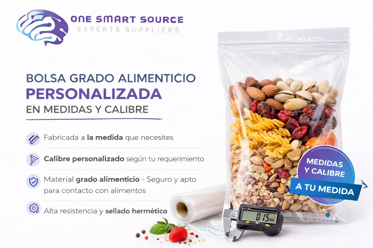 Bolsa grado alimenticio personalizada en medidas y calibre