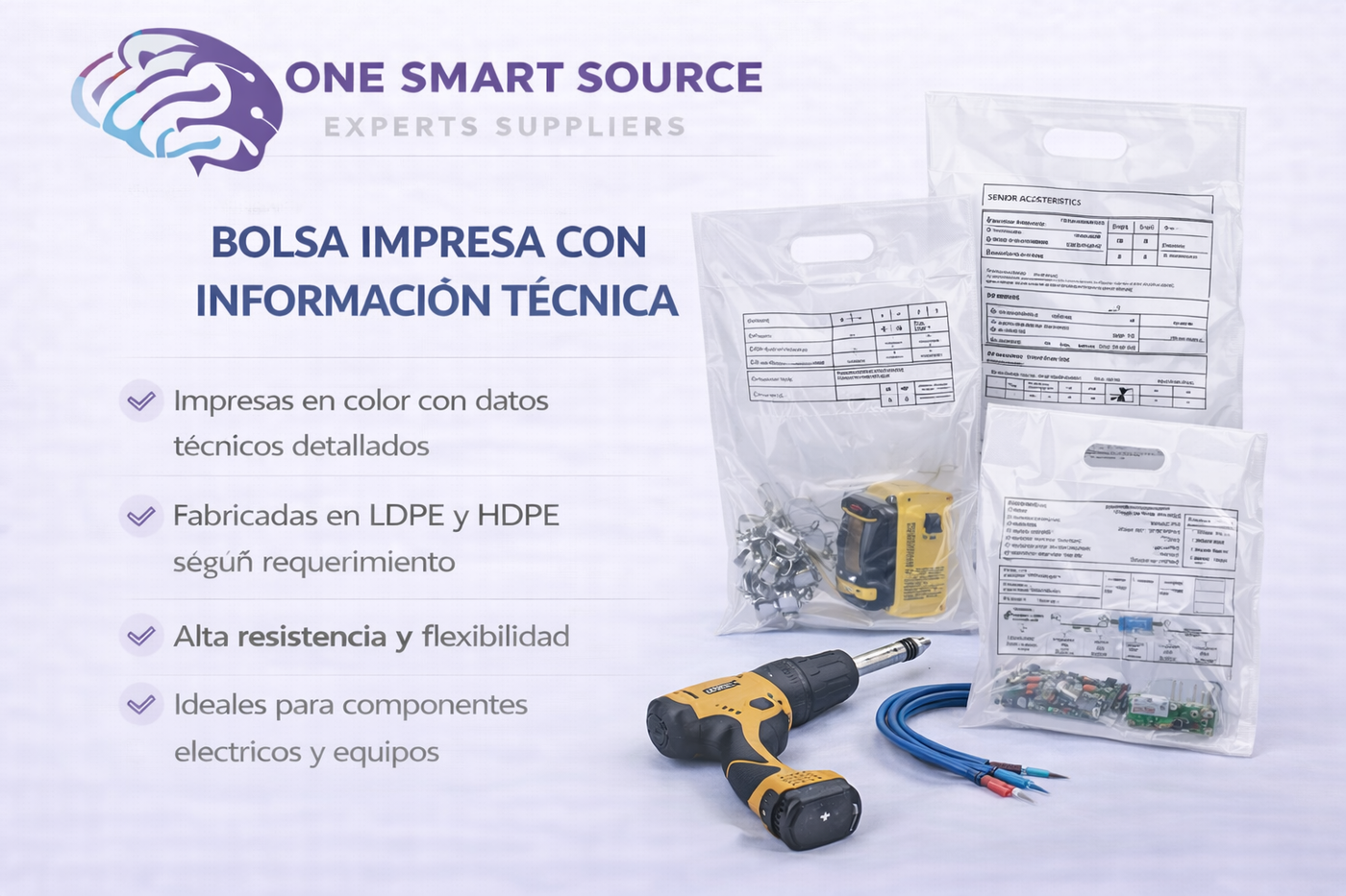 Bolsa impresa con información técnica