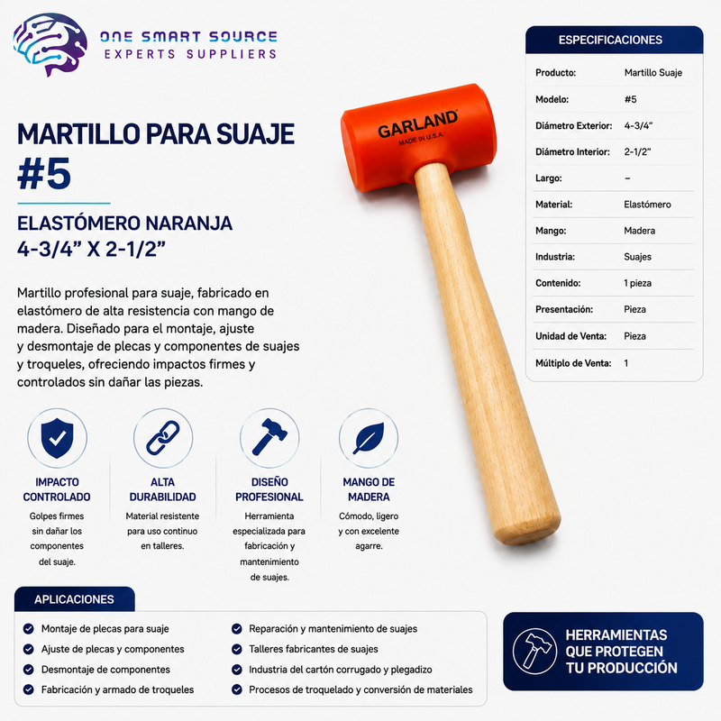 MARTILLO PARA SUAJE #5 – ELASTÓMERO NARANJA 4-3/4" X 2-1/2" CON MANGO DE MADERA