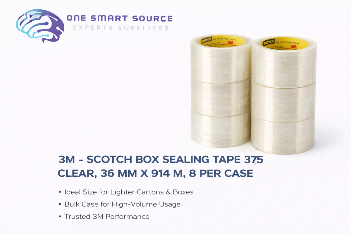 3M - Scotch Box Sealing Tape 375 Clear, 36 mm x 914 m, 8 per case